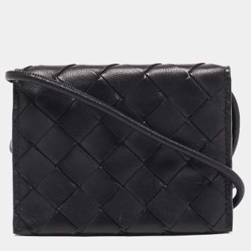 Pre Owned Bottega Veneta Black Intrecciato Leather Wallet On Strap