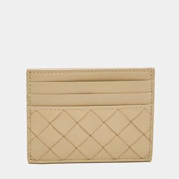 Pre Owned Bottega Veneta Beige Intrecciato Leather Card Holder