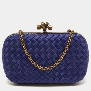 Pre Owned Bottega Veneta Blue Intrecciato Satin and Watersnake Leather Knot Chain Clutch