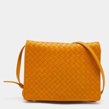 Pre Owned Bottega Veneta Mustard Intrecciato Leather Flap Crossbody Bag