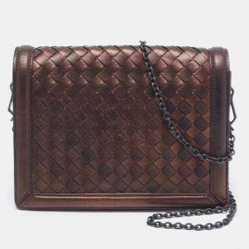 Pre Owned Bottega Veneta Bronze Intrecciato Leather Flap Chain Shoulder Bag