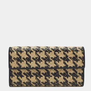 Pre Owned Bottega Veneta Black/Cream Intrecciato Houndstooth Flap Continental Wallet