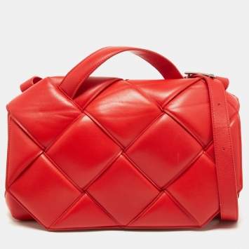 Pre Owned Bottega Veneta Red Intrecciato Leather Padded Cassette Top Handle Bag