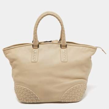 Pre Owned Bottega Veneta Beige Intrecciato Leather Zip Shopper Tote