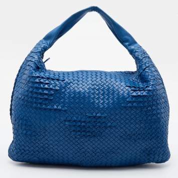 Pre Owned Bottega Veneta Blue Intrecciato Leather Large Hobo