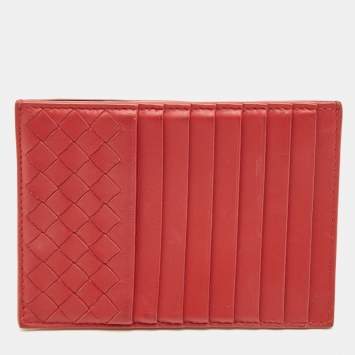 Pre Owned Bottega Veneta Red Intrecciato Leather Zip Card Holder 