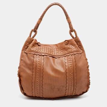 Pre Owned Bottega Veneta Brown Perforated  Leather Large Scalloped Detail Hobo