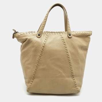 Pre Owned Bottega Veneta Beige Leather Intrecciato Detail Tote