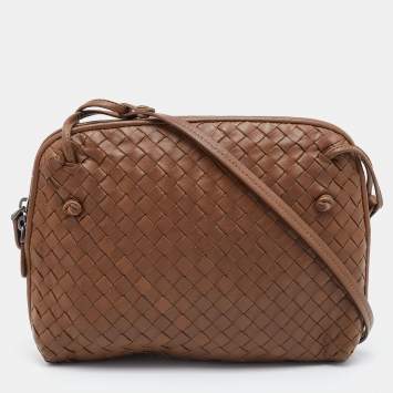 Pre Owned Bottega Veneta Dark Beige Intrecciato Leather Nodini Crossbody Bag