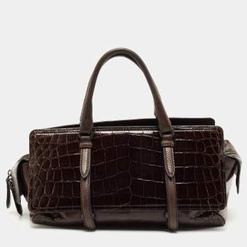 Pre Owned Bottega Veneta Dark Brown Crocodile and Karung Leather Flap Satchel