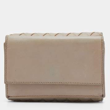 Pre Owned Bottega Veneta Beige Intrecciato Leather Trifold Wallet