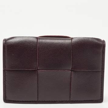 Pre Owned Bottega Veneta Dark Burgundy Intrecciato Leather Flap Card Case
