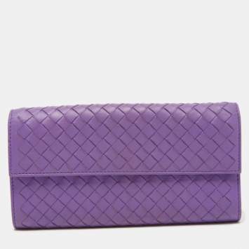 Pre Owned Bottega Veneta Purple Intrecciato Leather Flap Continental Wallet