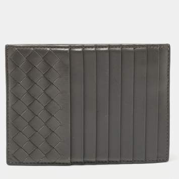 Pre Owned Bottega Veneta Grey Intrecciato Leather Zip Card Holder