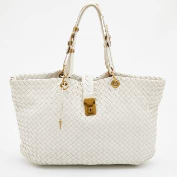 Pre Owned Bottega Veneta Off White Intrecciato Leather Tote