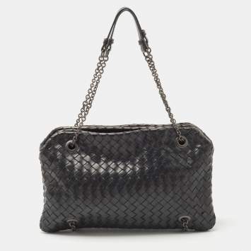 Pre Owned Bottega Veneta Black Intrecciato Leather Duo Shoulder Bag