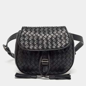 Pre Owned Bottega Veneta Black Intrecciato Leather Zip Around Tassel Belt Bag
