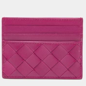 Pre Owned Bottega Veneta Fuchsia Intrecciato Leather Card Holder