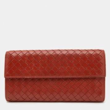 Pre Owned Bottega Veneta Rust Intrecciato Leather Flap Continental Wallet
