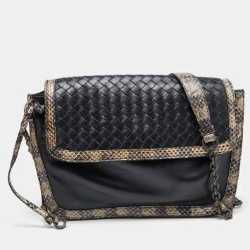 Pre Owned Bottega Veneta Black/Beige Intrecciato Leather and Watersnake Leather Crossbody Bag