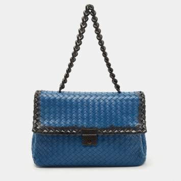 Pre Owned Bottega Veneta Blue/Black Intrecciato Leather and Karung Flap Chain Bag