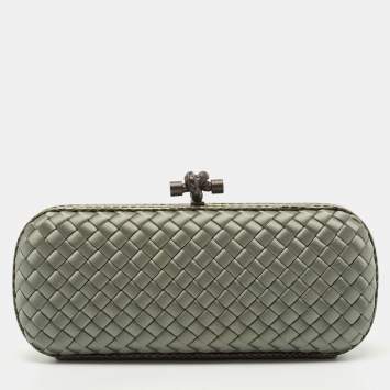 Pre Owned Bottega Veneta Light Green Satin and Watersnake Leather Knot Long Clutch