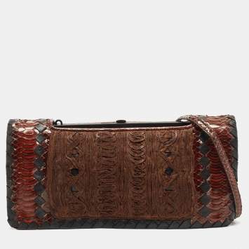 Pre Owned Bottega Veneta Black/Brown Python And Intrecciato Leather Clutch Bag
