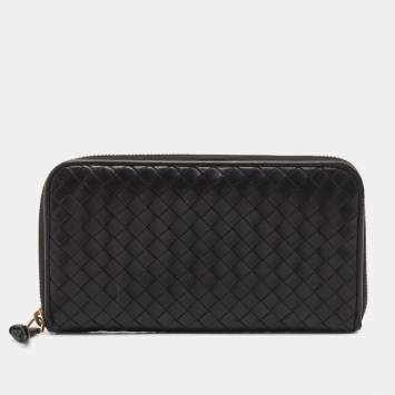 Pre Owned Bottega Veneta Black Intrecciato Leather Zip Around Wallet