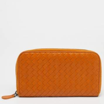 Pre Owned Bottega Veneta Tan Intrecciato Leather Zip Around Wallet