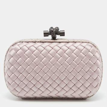 Pre Owned Bottega Veneta Pink Intrecciato Satin and Karung Leather Knot Clutch