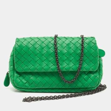 Pre Owned Bottega Veneta Green Intrecciato Leather Olimpia Chain Shoulder Bag