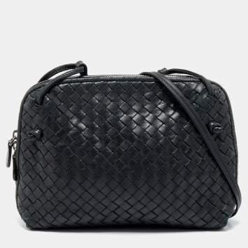 Pre Owned Bottega Veneta Black Intrecciato Leather Nodini Crossbody Bag
