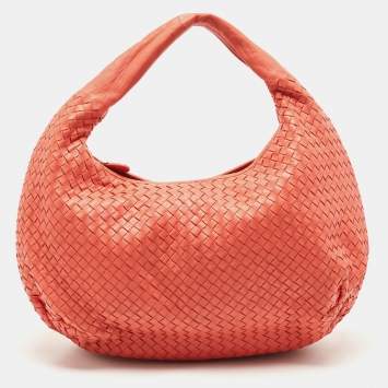 Pre Owned Bottega Veneta Coral Orange Intrecciato Leather Belly Veneta Hobo