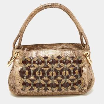 Pre Owned Bottega Veneta Metallic/Brown Python and Beads Woven Hobo