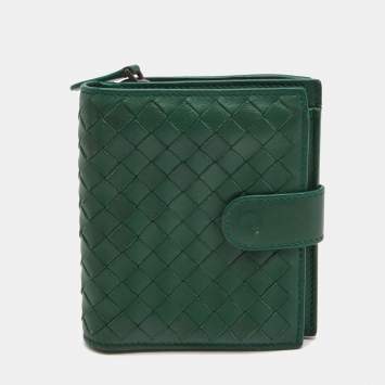 Pre Owned Bottega Veneta Green Intrecciato Leather French Compact Wallet