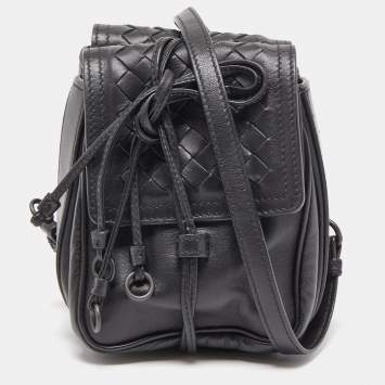 Pre Owned Bottega Veneta Black Intrecciato Leather Double Micro Crossbody Bag