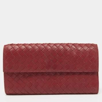 Pre Owned Bottega Veneta Red Intrecciato Leather Flap Continental Wallet