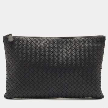 Pre Owned Bottega Veneta Black Intrecciato Leather Top Zip Pouch