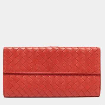 Pre Owned Bottega Veneta Red Intrecciato Leather Flap Continental Wallet