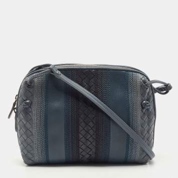 Pre Owned Bottega Veneta Blue Intrecciato and Stitched Leather Nodini Crossbody Bag