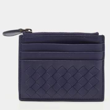 Pre Owned Bottega Veneta Dark Blue Intrecciato Leather Zip Card Holder