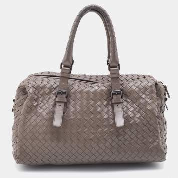Pre Owned Bottega Veneta Grey Intrecciato Leather Boston Zip Bag