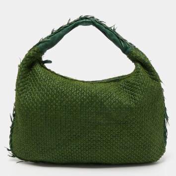 Pre Owned Bottega Veneta Two Tone Green Woven Fabric and Leather Large Veneta Hobo