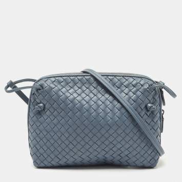Pre Owned Bottega Veneta Light Blue Intrecciato Leather Nodini Crossbody Bag