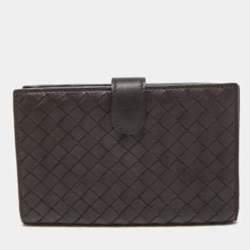 Pre Owned Bottega Veneta Dark Brown Intrecciato Leather French Wallet
