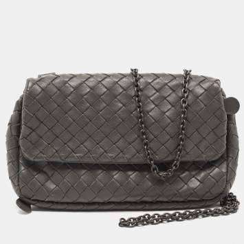 Pre Owned Bottega Veneta Dark Grey Intrecciato Leather Flap Chain Clutch