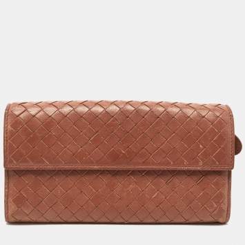 Pre Owned Bottega Veneta Brown Intrecciato Leather Flap Continental Wallet