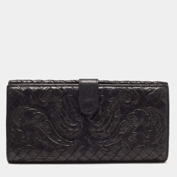 Pre Owned Bottega Veneta Black Intrecciato Leather Flap Continental Wallet