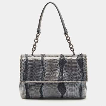 Pre Owned Bottega Veneta Dark Blue/Black Snake Skin and Intrecciato Leather Shoulder Bag