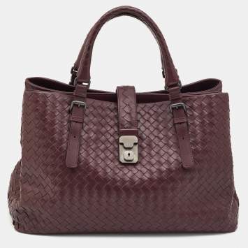 Pre Owned Bottega Veneta Burgundy Intrecciato Leather Medium Roma Tote